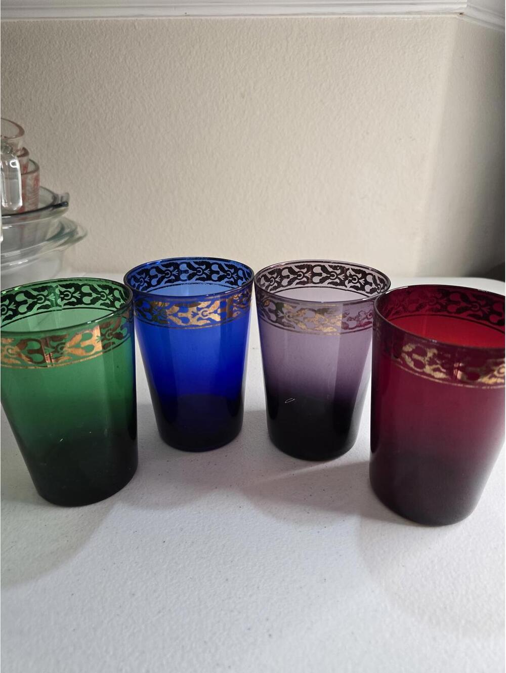 Set of 4 Colorful Vintage Glass Tumblers with Gold Gilded Trim -16 oz